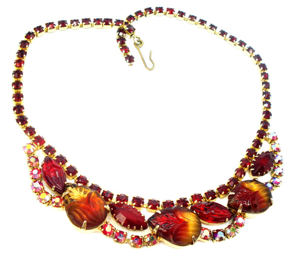 NECKLACE-Bi-Color Ruby Jonquil Leaves AB Rhinestones 15" x 3/4"