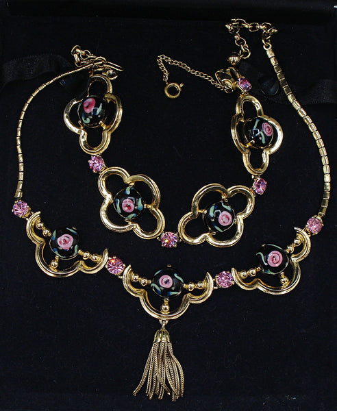 Schiaparelli Set Necklace Bracelet Pink Black Flower Cabs Tassel Rhinestones Gold Tone