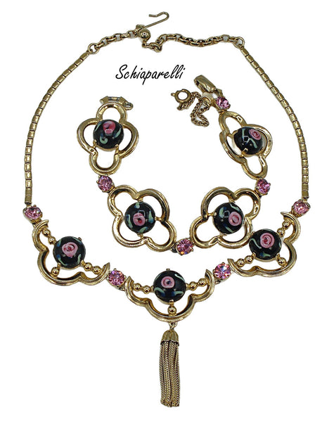 Schiaparelli Set Necklace Bracelet Pink Black Flower Cabs Tassel Rhinestones Gold Tone