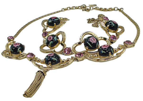Schiaparelli Set Necklace Bracelet Pink Black Flower Cabs Tassel Rhinestones Gold Tone