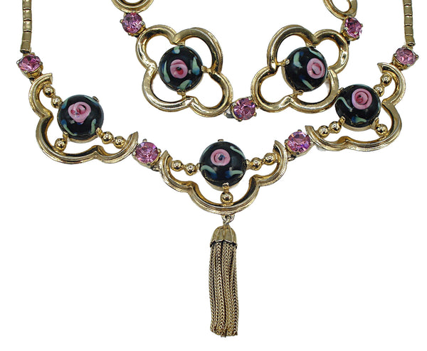 Schiaparelli Set Necklace Bracelet Pink Black Flower Cabs Tassel Rhinestones Gold Tone