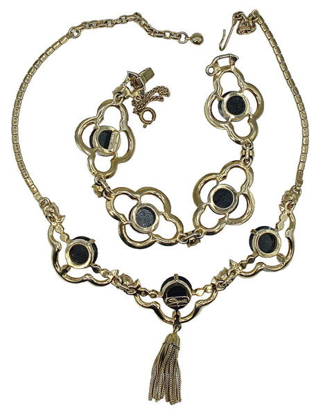 Schiaparelli Set Necklace Bracelet Pink Black Flower Cabs Tassel Rhinestones Gold Tone