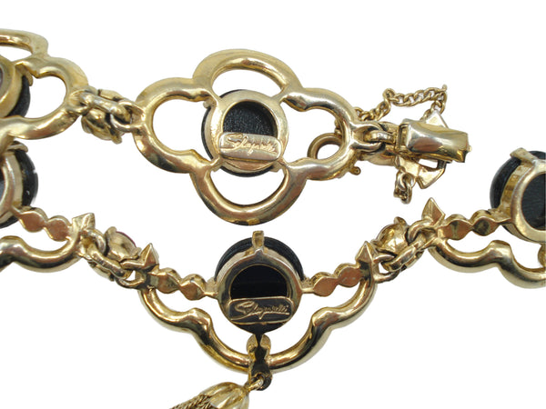 Schiaparelli Set Necklace Bracelet Pink Black Flower Cabs Tassel Rhinestones Gold Tone
