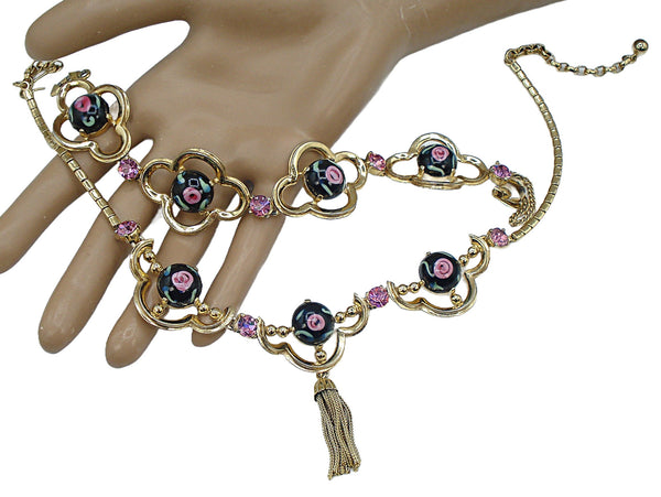 Schiaparelli Set Necklace Bracelet Pink Black Flower Cabs Tassel Rhinestones Gold Tone