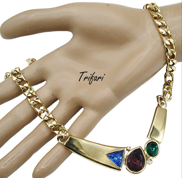 Trifari Necklace 17" x 3/4" Gold Tone Assorted Colors Shapes Rhinestones