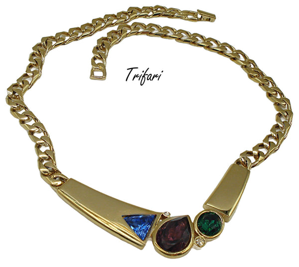 Trifari Necklace 17" x 3/4" Gold Tone Assorted Colors Shapes Rhinestones