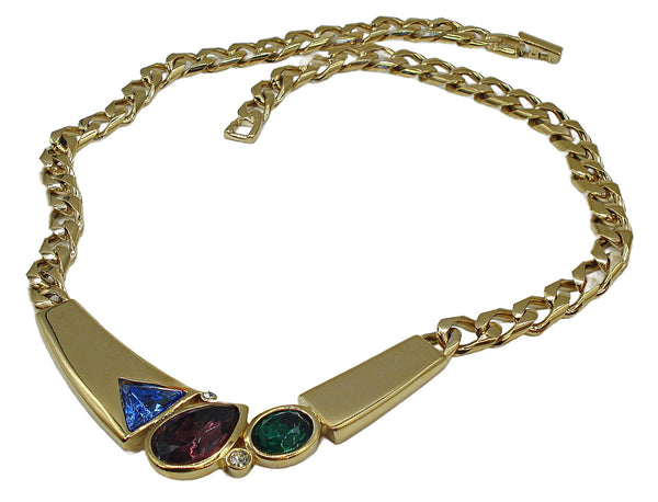 Trifari Necklace 17" x 3/4" Gold Tone Assorted Colors Shapes Rhinestones
