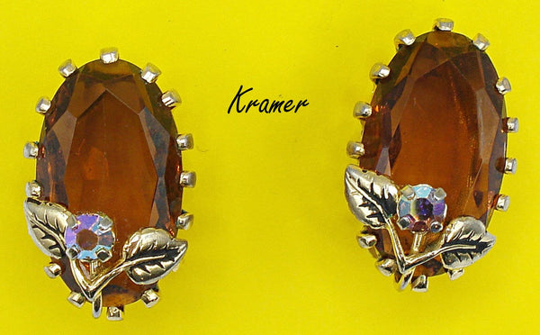 Kramer Earrings 1" Clip On Gold Tone Large Smoked Topaz Ovals AB Leaves