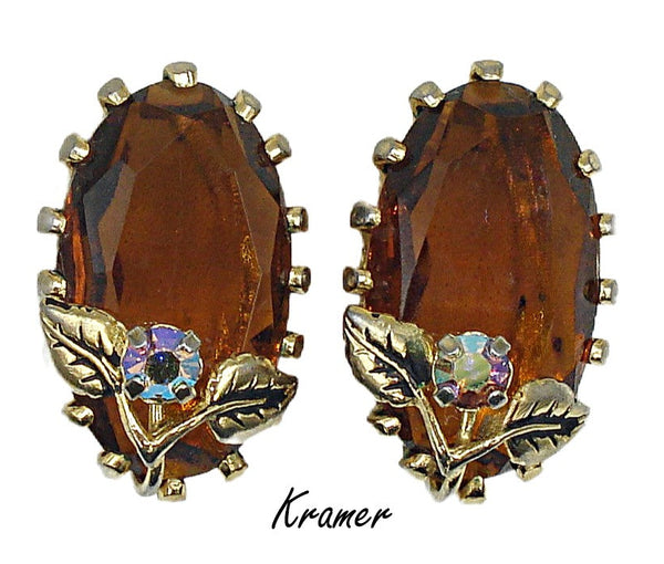 Kramer Earrings 1" Clip On Gold Tone Large Smoked Topaz Ovals AB Leaves