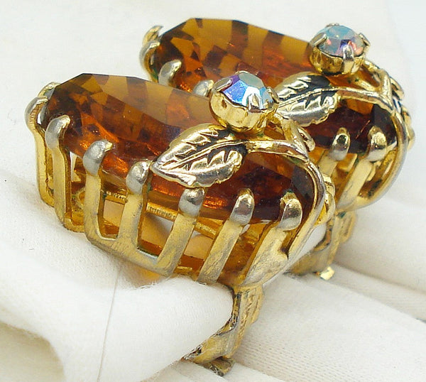 Kramer Earrings 1" Clip On Gold Tone Large Smoked Topaz Ovals AB Leaves