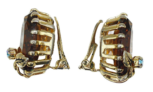 Kramer Earrings 1" Clip On Gold Tone Large Smoked Topaz Ovals AB Leaves