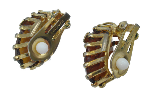 Kramer Earrings 1" Clip On Gold Tone Large Smoked Topaz Ovals AB Leaves