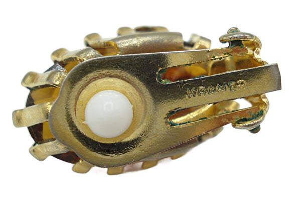 Kramer Earrings 1" Clip On Gold Tone Large Smoked Topaz Ovals AB Leaves