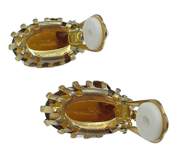 Kramer Earrings 1" Clip On Gold Tone Large Smoked Topaz Ovals AB Leaves