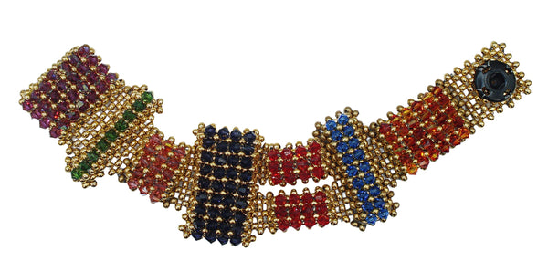 One of a Kind Bracelet Glass Multi Color Bi-Cone Beaded Gold Tone Beads