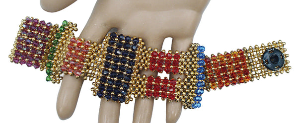 One of a Kind Bracelet Glass Multi Color Bi-Cone Beaded Gold Tone Beads