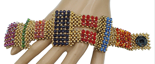 One of a Kind Bracelet Glass Multi Color Bi-Cone Beaded Gold Tone Beads