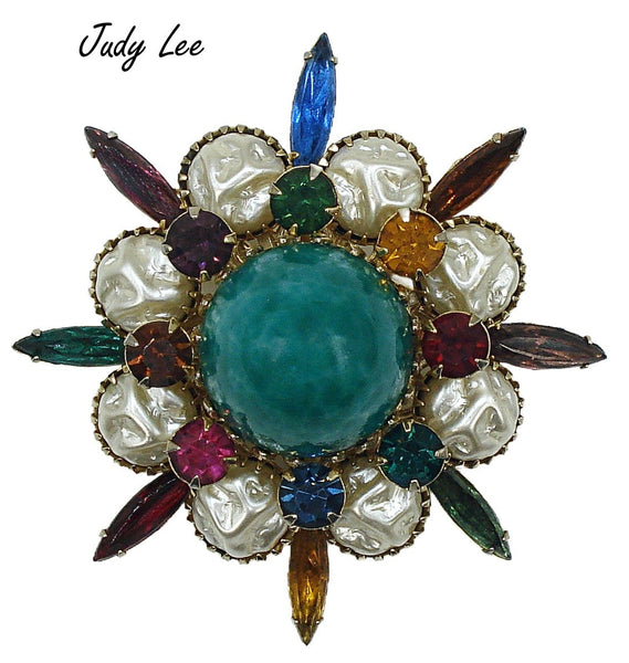 Judy Lee Brooch Pendant Marquises Baroque Faux Pearls High Dome Chinese Jade Cab 2.5"