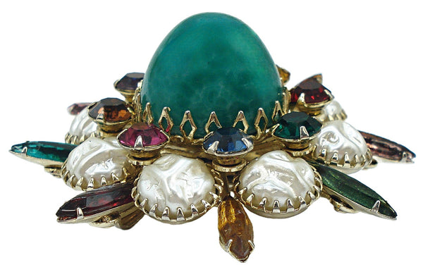 Judy Lee Brooch Pendant Marquises Baroque Faux Pearls High Dome Chinese Jade Cab 2.5"