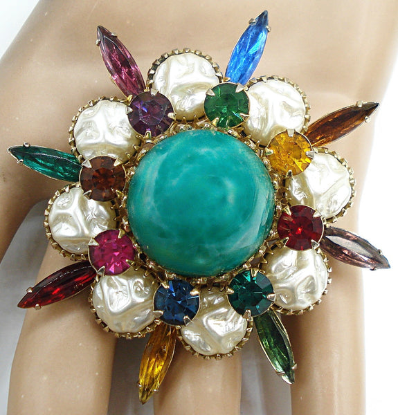 Judy Lee Brooch Pendant Marquises Baroque Faux Pearls High Dome Chinese Jade Cab 2.5"