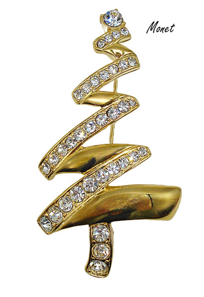 Monet Christmas Tree Brooch Zig Zag Mod Gold Tone Crystal Rhinestones 2 3/4"