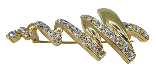 Monet Christmas Tree Brooch Zig Zag Mod Gold Tone Crystal Rhinestones 2 3/4"