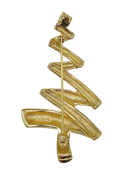 Monet Christmas Tree Brooch Zig Zag Mod Gold Tone Crystal Rhinestones 2 3/4"