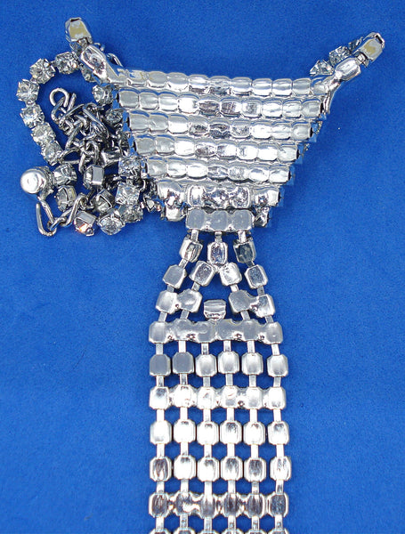 Unique Rhinestone Necktie Silver Tone Prong Set Crystal Rhinestones