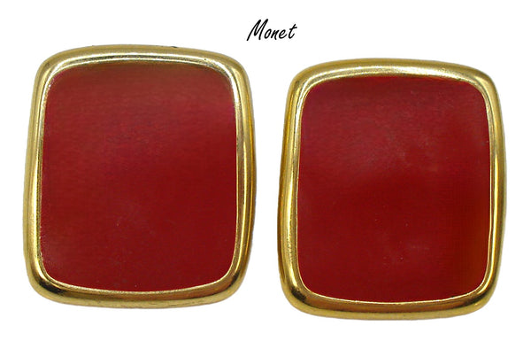 Monet Earrings Cherry Red Enamel Gold Tone Framed Clip On 1"