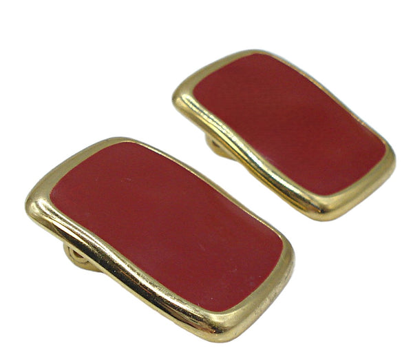 Monet Earrings Cherry Red Enamel Gold Tone Framed Clip On 1"