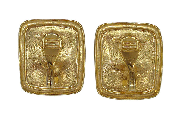 Monet Earrings Cherry Red Enamel Gold Tone Framed Clip On 1"