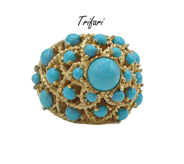 Crown Trifari Sz 7 Cocktail Ring Gold Tone High Dome Round Turquoise Cabochons