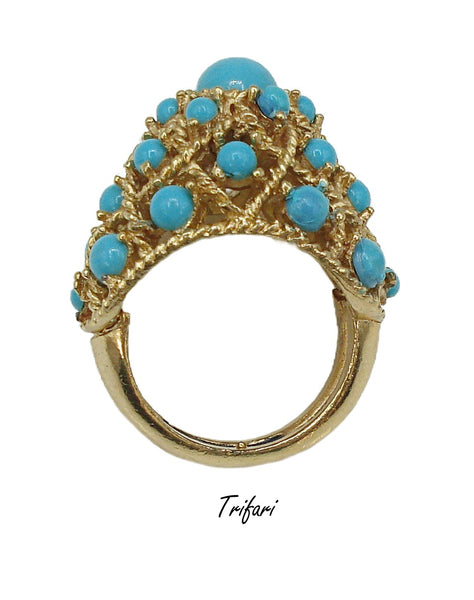 Crown Trifari Sz 7 Cocktail Ring Gold Tone High Dome Round Turquoise Cabochons