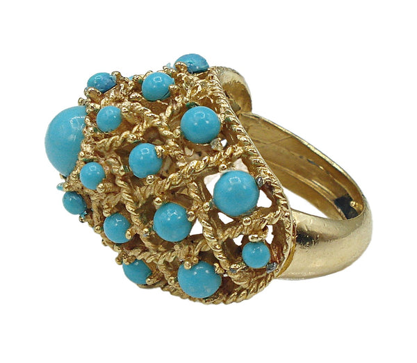 Crown Trifari Sz 7 Cocktail Ring Gold Tone High Dome Round Turquoise Cabochons