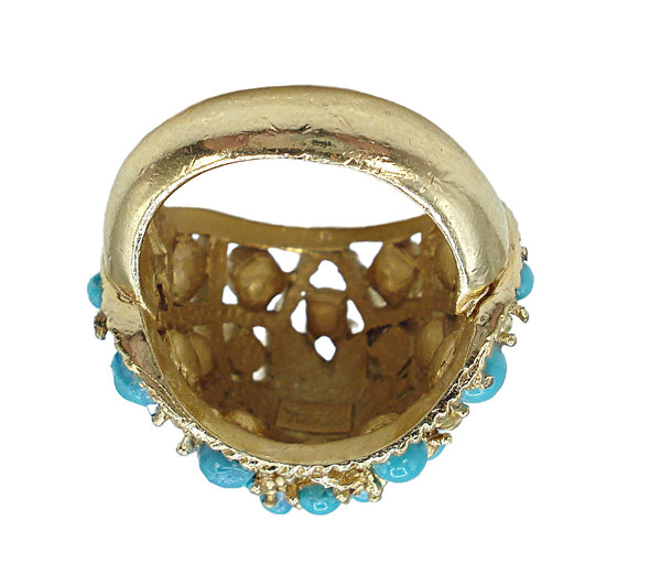 Crown Trifari Sz 7 Cocktail Ring Gold Tone High Dome Round Turquoise Cabochons