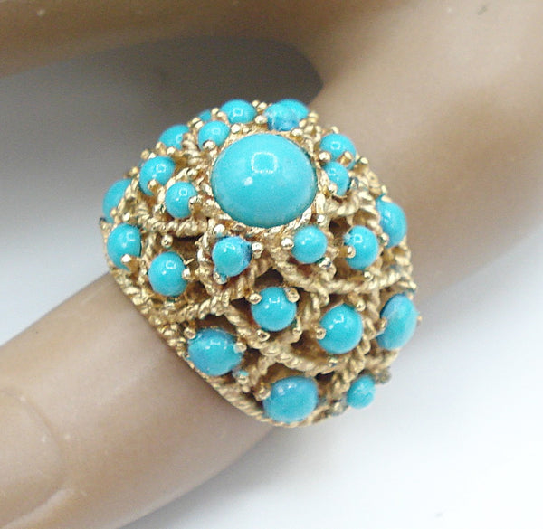 Crown Trifari Sz 7 Cocktail Ring Gold Tone High Dome Round Turquoise Cabochons