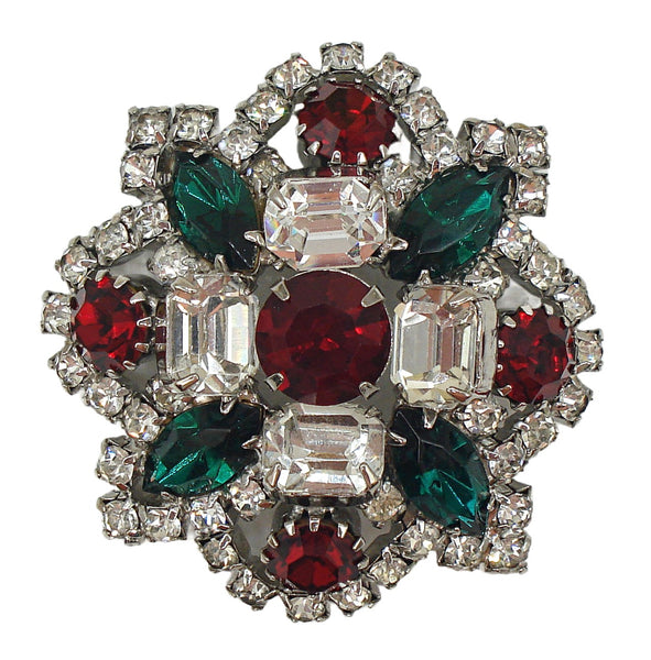 Brooch 2" Rhodium Plated Complex Prong Setting Christmas Color Rhinestone Variety