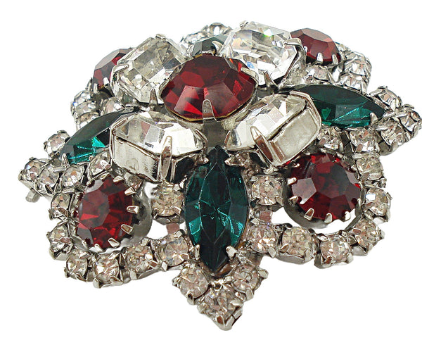 Brooch 2" Rhodium Plated Complex Prong Setting Christmas Color Rhinestone Variety