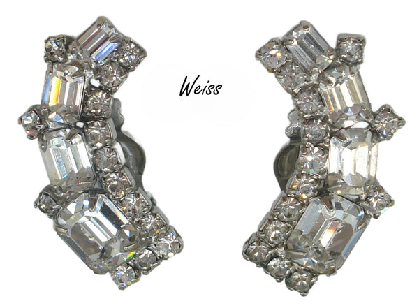 Weiss Signed Climber Earrings Crystal Cushion Octagon Round Rhinestones 1 3/8"