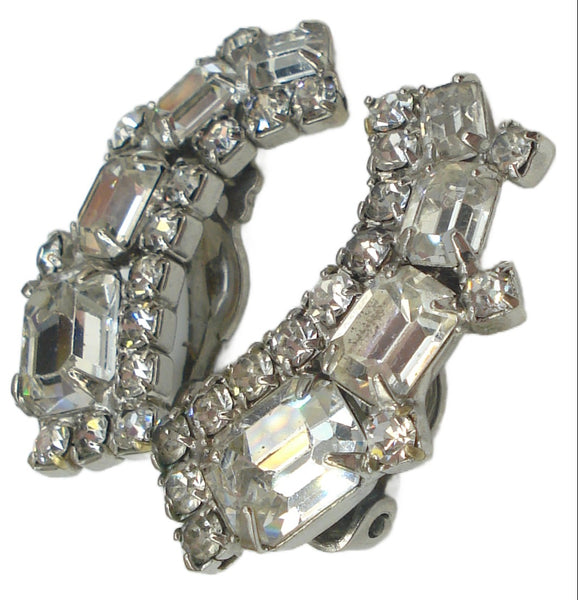 Weiss Signed Climber Earrings Crystal Cushion Octagon Round Rhinestones 1 3/8"