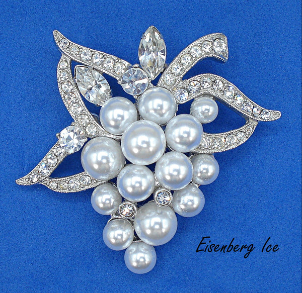 Eisenberg Ice 2" Brooch Grape Bunch White Pearls Crystal Rhinestones