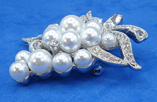 Eisenberg Ice 2" Brooch Grape Bunch White Pearls Crystal Rhinestones