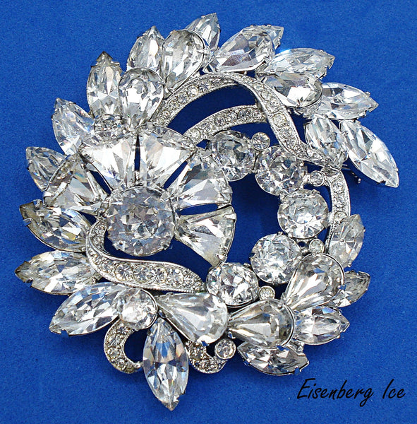 Eisenberg Ice 3" Brooch Crystal Bells Marquises Pairs Rounds Dentelles