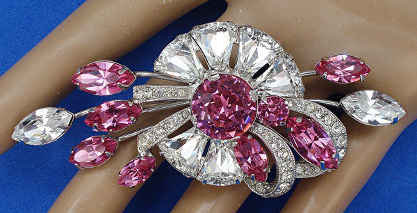 Eisenberg Ice 3.5" Brooch Crystal Bells Rose Pink Marquises and Dentelles