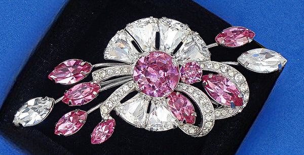 Eisenberg Ice 3.5" Brooch Crystal Bells Rose Pink Marquises and Dentelles