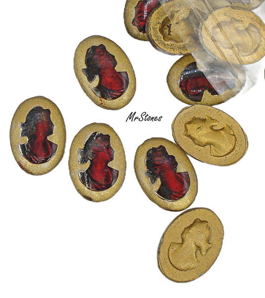 14x10mm Reverse Intaglio Right Facing Red Lady Gold Enamel Back Oval Cameo