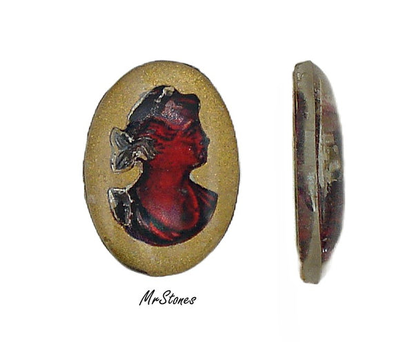 14x10mm Reverse Intaglio Right Facing Red Lady Gold Enamel Back Oval Cameo