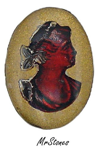 14x10mm Reverse Intaglio Right Facing Red Lady Gold Enamel Back Oval Cameo