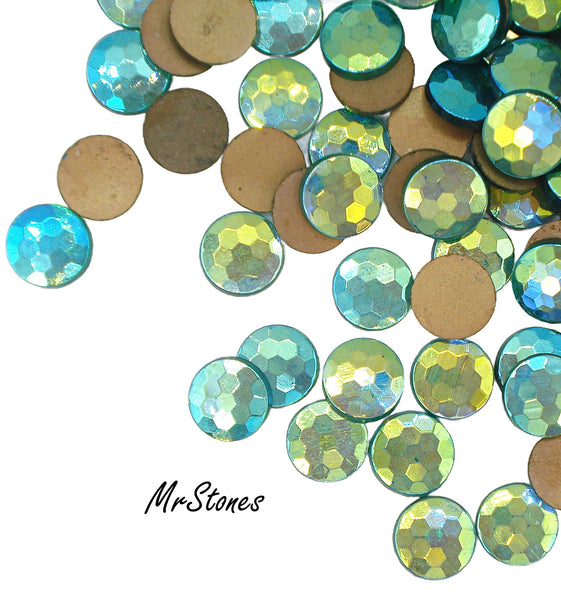 9mm (9.2mm) (2085) Bi-color Aqua Peridot Round Flatback Fully Faceted Top 1.7mm thick