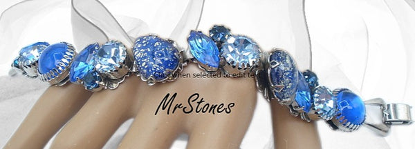 Bracelet - Variety Large Blue Stones Black Opal Silver Tone 7"